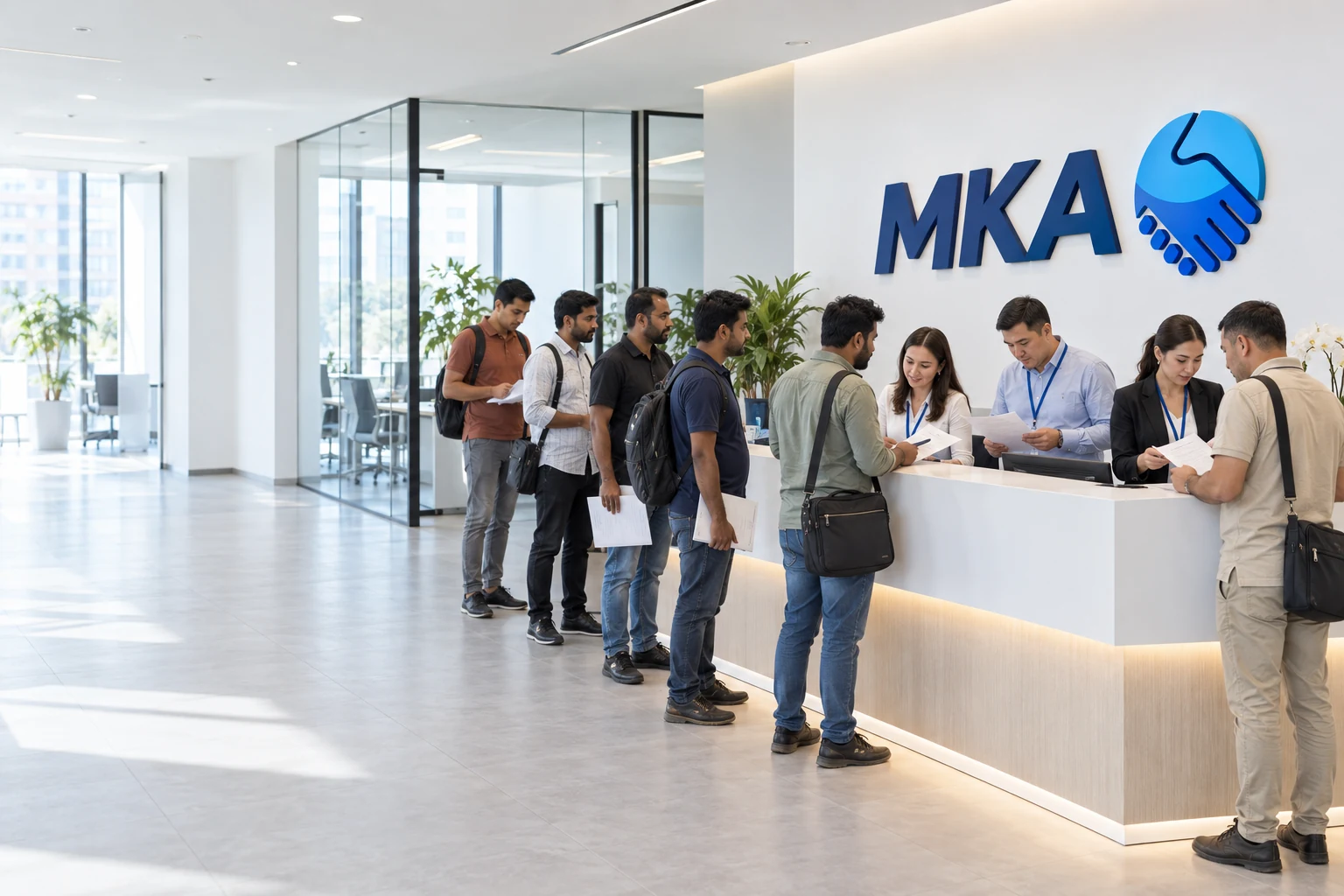 В светлом офисе МКА сотрудники принимают документы у иностранных кандидатов